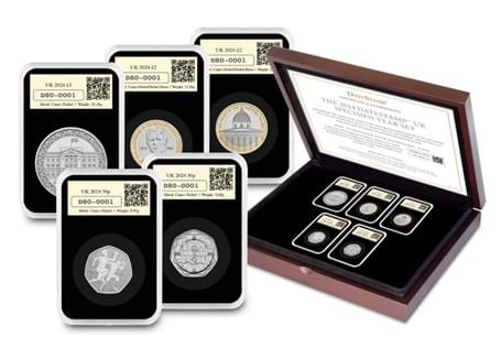 The Specimen Set includes a set of 5 new 2024 commemorative coins issued by The Royal Mint, encapsulated with a Royal Mail 1st class stamp and postmarked with 2nd January. EL.: 1,495