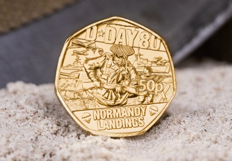 Issued  to mark the 80th Anniversary of D-Day,
this 50p coin features the Normandy Landings. Struck to a
Brilliant Uncirculated finish,  plated in 24 Carat Gold and is
limited to just 50,000.