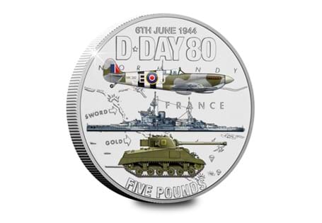 This £5 coin has been issued by Jersey to mark the 80th anniversary of D-Day and the Normandy Landings. The coin features 3 vehicles used representing Land, Sea and Air elements of the invasion.