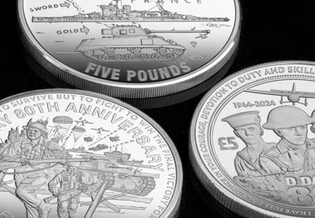 This 3-coin Set contains the Silver Proof £5 coins issued for the D-Day 80th Anniversary by Jerseey, Guernsey and the Isle of Man.