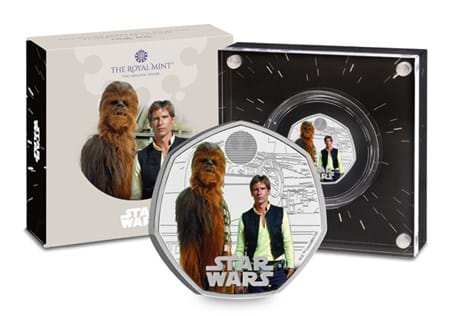 This UK 2024 Silver 50p coin is the fourth and final coin in the Royal Mint's Star Wars™ Series. If features Han Solo™ and Chewbacca™ with vivid colour printing, struck from Sterling Silver. EL:12,500