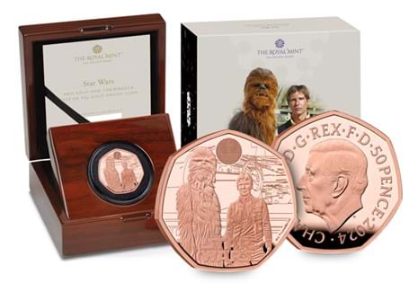 This UK 2024 Star Wars™ Han Solo™ & Chewbacca™ 50p coin has been struck from 22 carat gold to a proof finish. It is limited to just 200 worldwide.