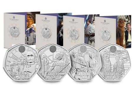It includes all 4 Star Wars™ coins by The Royal Mint. Included are: Darth Vader & Palpatine 50p,  Luke & Leia 50p,  R2-D2 & C-3P0 50p, and Han Solo & Chewbacca 50p. In official Royal Mint packaging.