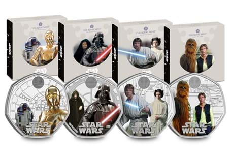 It includes all 4 Star Wars Silver Proof 50p coins by The Royal Mint: Darth Vader & Emperor Palpatine, Luke & Leia, R2-D2 & C-3P0, and Han Solo & Chewbacca. All in their official Royal Mint packaging.