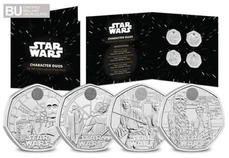 A pack for collectors that includes all 4 Star Wars Character Duo UK 50p coins. Each have been struck to a Brilliant Uncirculated quality.