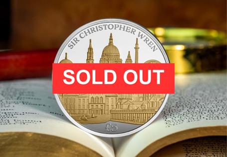 Celebrating Christopher Wren with a special edition £5 coin featuring a compilation of his most famous designs. Struck from Sterling Silver with 24 carat gold plating. EL.: 995