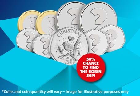 This Mystery Box is worth £100 - but yours for just £50! Filled with a variety of mystery coins, ranging from 50p to £5 coins. 50 out of 100 boxes will contain the sought-after Gibraltar Robin 50p!