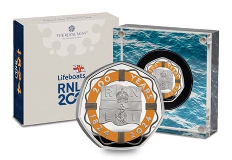 This Silver 50p - issued by The Royal Mint - commemorates the 200th Anniversary of the RNLI. Features the RNLI flag surrounded by a life ring in colour. Struck from Sterling Silver, limited to 4,000.