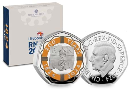 Silver Piedfort 50p - by The Royal Mint - commemorates the 200th Anniversary of the RNLI. Features the RNLI flag surrounded by a life ring. Struck from Sterling Silver, to double thickness. EL 1,824