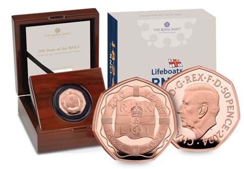 RNL9 RNLI Gold 50P Showing In Front Of Packaging Whole Product