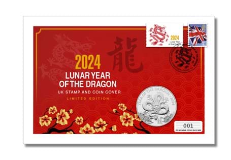 Coin cover features the UK 2024 Year of the Dragon £5 in Brilliant Uncirculated quality and a Royal Mail 1st Class Stamp and label postmarked on the Chinese Lunar New Year - 10/02/24. EL.: 500