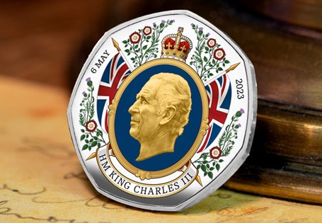 Own the commemorative celebrating the Coronation of King Charles III - featuring St. Edward's Crown and the text 'Long to Reign Over Us'.