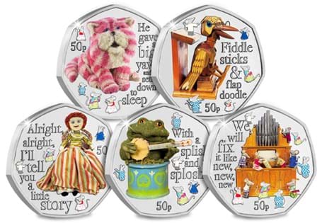 This set features five 50ps designs issued by Guernsey to mark the 50th anniversary of Bagpuss gracing our screens. Each coin features a character from the series in full colour, with an iconic quote.