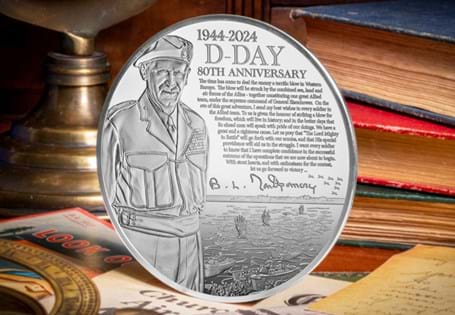 This 5oz Silver Proof Commemorative has been micro-engraved with General Montgomery's telegram. The other side features a timeline of D-Day's major events. 100mm in diameter, just 495 worldwide.