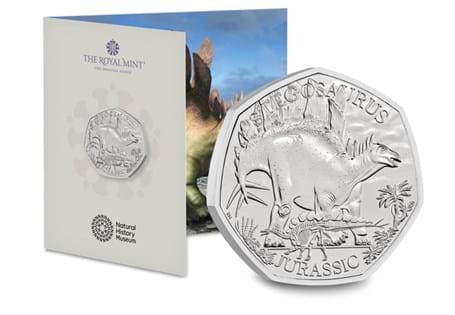 This 50p features the Stegosaurus. It is the second coin in the new Dinosaurs: Iconic Specimens series. Struck to a Brilliant Uncirculated finish, it comes in its official Royal Mint packaging.