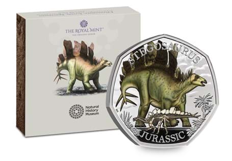This 50p features the Stegosaurus. The second coin in the Royal Mint's Dinosaurs: Iconic Specimens. Struck from Sterling Silver featuring colour printing. Displayed in Royal Mint packaging. EL.: 5,000