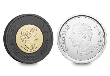The 2022 Canadian $2 coin issued as a tribute to Queen Elizabeth II and the first Canadian 50 Cent to feature King Charles III's Effigy. 