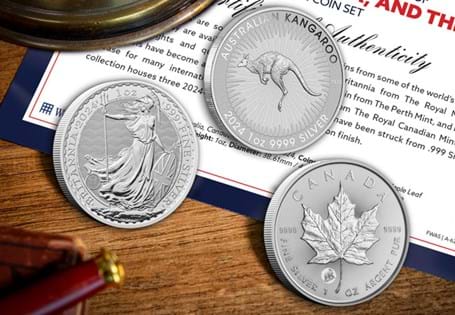 This three coin set features the 2024-dated UK 1oz Silver Bullion Britannia, the 1oz Silver Bullion Canadian Maple Leaf, and the 1oz Silver Bullion Australian Kangaroo