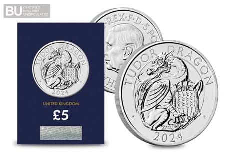 This £5 coin has been issued to celebrate the Royal Tudor Beasts and features the Tudor Dragon. It has been struck to a BU quality and protectively encapsulated in Change Checker packaging.