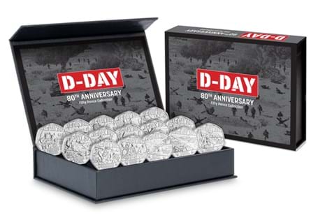 Struck to a Brilliant Uncirculated finish, this 50p set features fifteen coins issued by Isle of Man, Jersey and Guernsey honouring the80th Anniversary of D-Day.
