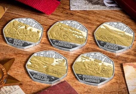 Struck from Sterling Silver to a Proof finish, with the addition of gold-plating, this 50p set has been issued by Isle of Man honouring the 80th Anniversary of D-Day.