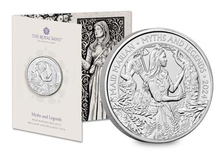 The next coin in the Myths and Legends  series features Maid Marian. She is depicted standing in Sherwood Forest with a bow and arrow, ready for action. In official Royal Mint packaging.