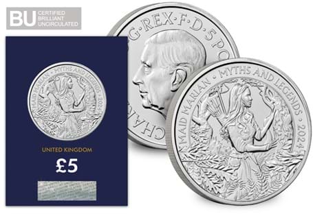 This £5 coin has been issued to celebrate the legend of Maid Marian. It has been struck to a Brilliant Uncirculated quality and protectively encapsulated in official Change Checker packaging.