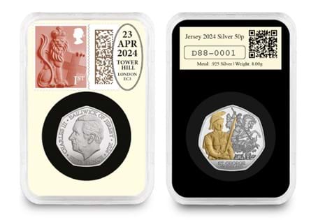 This DateStamp™ features the 2024 Jersey Silver Proof St. George 50p with selective 24ct gold-plating. Alongside it sits a 1st Class Country Definitive stamp postmarked with St. George's Day.