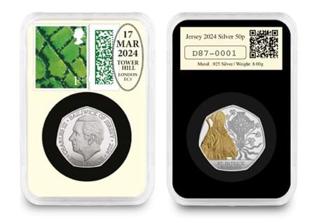 This DateStamp™ features the 2024 Jersey Silver Proof St. Patrick 50p with selective 24ct gold-plating. Alongside it sits a 1st Class Country Definitive stamp postmarked with St. Patrick's Day.