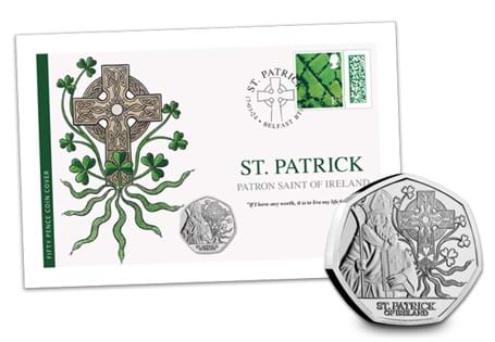 Celebrating the Patron Saint of Ireland, St. Patrick. Featuring the 2024 Jersey St. Patrick BU 50p alongside a Country Definitive 1st Class stamp postmarked with St. Patrick's Day - 17th March 2024. 