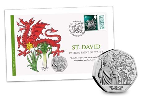 Issued to celebrate the Patron Saint of Wales, St. David. Featuring the 2024 Jersey St. David BU 50p alongside a Country Definitive 1st Class stamp postmarked with St. David's Day - 1st March 2024.