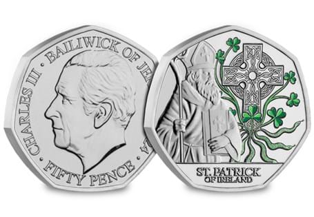The 2024 St. Patrick BU 50p has been issued by Jersey in
celebration of the Patron Saint of Ireland. The design features an Irish Celtic
Cross as well as shamrocks and snakes. 