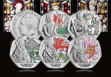 Set of five 50p coins issued by Jersey to celebrate the Patron Saints of the British Isles. Struck to a BU finish with selective colour application and limited to 995 presentations worldwide.