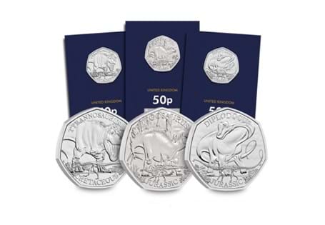This set includes all 3 dinosaur coins in The Royal Mint's UK Iconic Specimens 50p series, featuring the Tyrannosaurus, Stegosaurus and the Diplodocus - struck to a Brilliant Uncirculated quality.