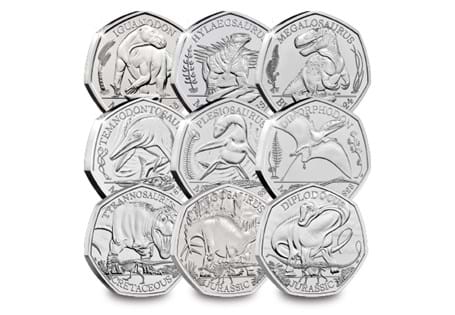 This collection includes all 9 dinosaur coins in The Royal Mint's UK Tales of the Earth 50p series! All coins have been struck to a Brilliant Uncirculated quality and come in a 9-pocket page.