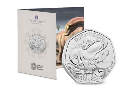This 50p features Diplodocus, and it is the third coin in the Dinosaurs: Iconic Specimens series. Struck to a Brilliant Uncirculated finish, it coin comes presented in official Royal Mint packaging.