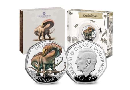 This Silver Proof 50p features the Diplodocus, and it is the third coin in the Dinosaurs: Iconic Specimens. Struck from Sterling Silver, comes displayed in Royal Mint packaging. EL.: 5,000