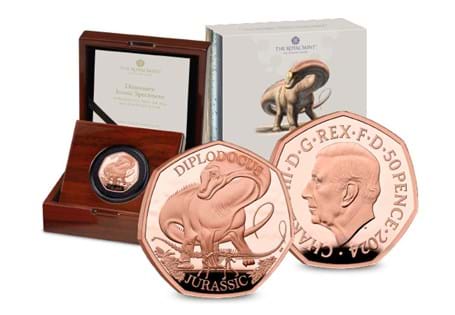 This Gold Proof 50p features the Diplodocus and it is the final coin in the Dinosaurs: Iconic Specimens series. Struck from 22 Carat Gold and presented in its official Royal Mint packaging. EL: 100