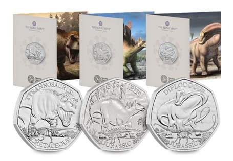 This Dinosaur set includes all three BU 50p coin packs from the Royal Mint series Dinosaurs: Iconic Specimens: T-Rex, Stegosaurus and Diplodocus. All come presented in their Royal Mint packaging.