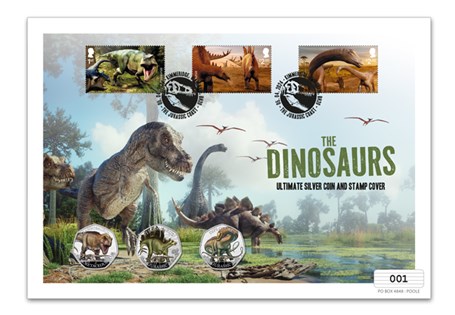 This coin cover features all three UK 2024 Silver Proof Colour 50p coins issued by the Royal Mint: T-Rex, Stegosaurus, Diplodocus, and three Royal Mail stamps postmarked on 5th April 2024. EL: 100