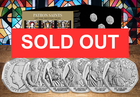 The 2024 Patron Saints 50p coins have been issued by Jersey in
celebration of St. George, St. Patrick, St. David, St. Andrew and St. Helier.
Each coin has been struck to a BU quality.
