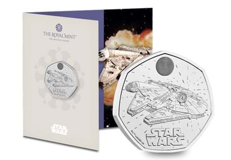This UK 2024 BU 50p features the Star Wars Millennium Falcon issued by The Royal Mint. It has been struck to a Brilliant Uncirculated quality and it is displayed in original Royal Mint packaging.
