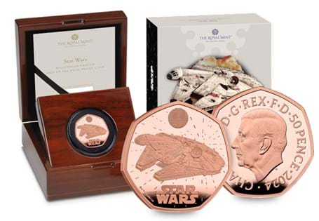This Gold Proof 50p features the Star Wars Millennium Falcon and has been issued by The Royal Mint. It has been struck from 22 Carat Gold to a Proof Finish and comes in Royal Mint Packaging. EL:100