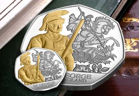 This 2024 Jersey 50p coin has been struck from 5 ounces of silver to a Proof finish and features selective 24ct gold-plating. The design pays tribute to the Patron Saint of England, St. George. 