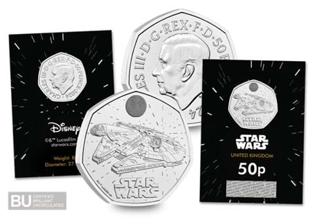 The Royal Mint have struck a brand new Star Wars 50p, featuring the Millennium Falcon. It has been struck to a Brilliant Uncirculated quality and housed in official Change Checker packaging.