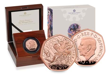 This UK Gold 50p features the Harry Potter Winged Keys issued by The Royal Mint. Struck from 22 Carat Gold to a pristine Proof Finish, it comes displayed in official Royal Mint packaging. EL: 200