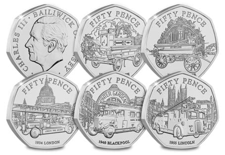 This set features five 50ps issued by Jersey to commemorate 200 years of fire fighting history. Each coin features a fire fighting vehicle. Struck to a Brilliant Uncirculated quality