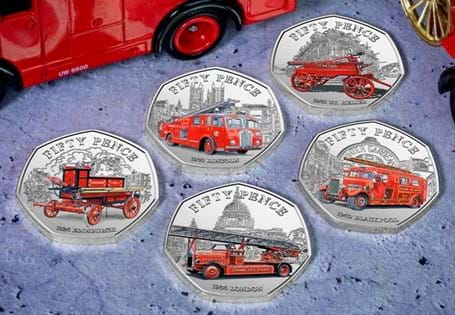 Own all five History of the Fire Service BU Colour 50p coins. Each 50p in your set has been struck to a Brilliant Uncirculated quality with a select colour print. 