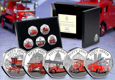 The History of the Fire Service Silver Proof 50p Set comprises five Sterling Silver coins issued by Jersey. Struck to a Proof finish with vivid colour application. Limited to ONLY 500.