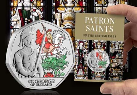The 2024 St. George Colour BU 50p has been issued by Jersey in celebration of the Patron Saint of England. The design features the legend of Saint George slaying the dragon and an English rose.